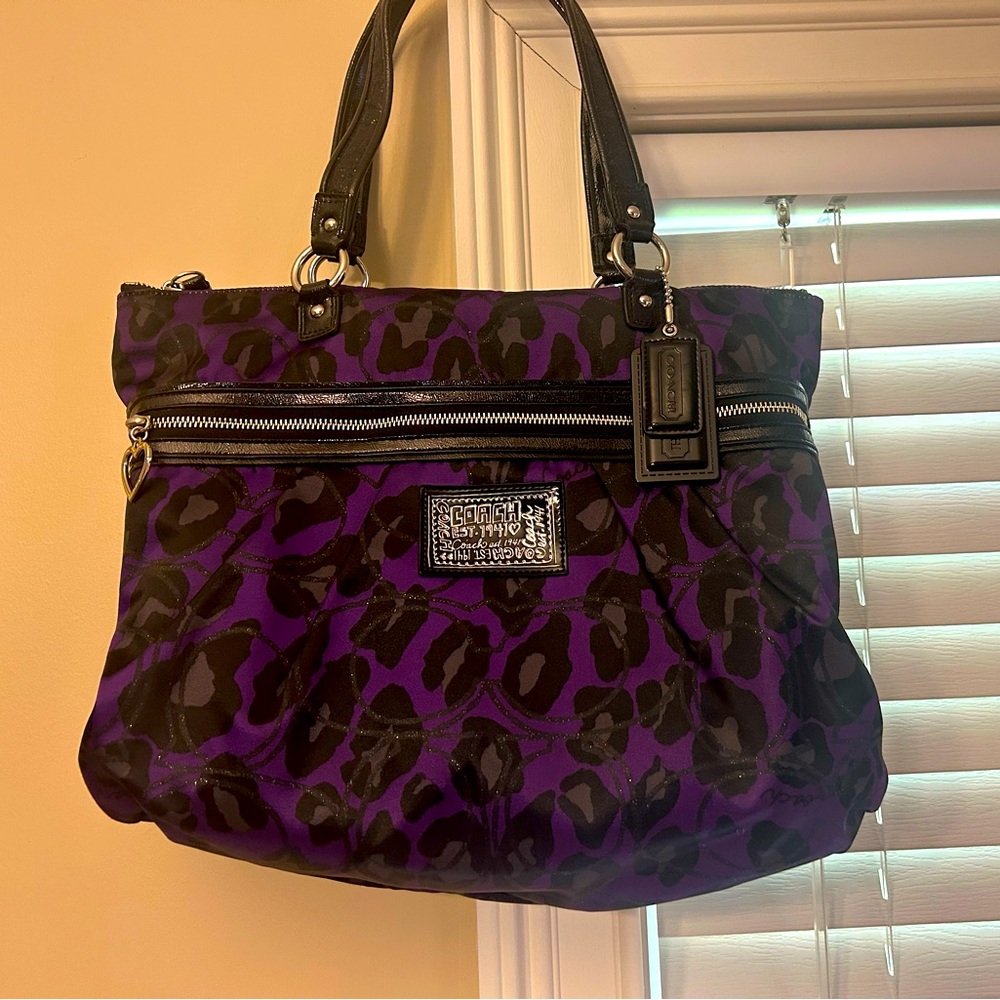 Authentic Coach Leopard Print Purple and Black Shoulder Bag